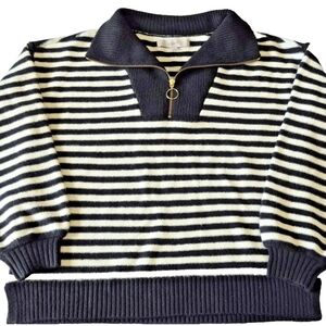 Loft Sweater Womens Size S Black White Striped Acrylic Blend Zip Collar Pullover
